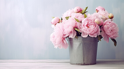 Wall Mural - pink peonies in an iron bucket background with a copy space.