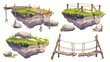 UI design cartoon illustration of a hanging bridge with rope, stones and grass. Illustration set of wooden suspension bridge straining over abyss at cliff edge.