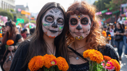 Wall Mural - Two women with face paintings celebrating Day of the Dead, holding orange flowers and wearing black They pose for a photo together at an event with other people decorated to celebrate Mexican culture.