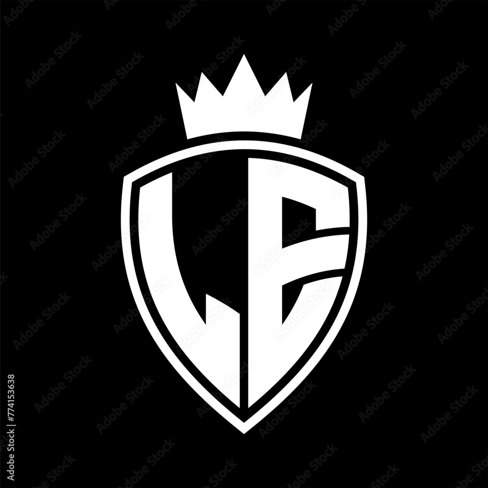 LE Letter monogram shield and crown outline shape with black and white ...