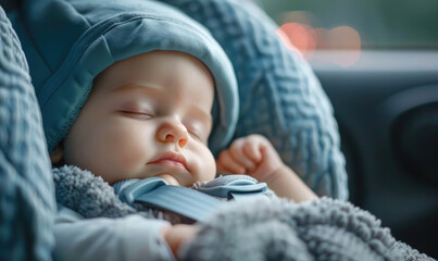 Cute happy newborn baby is sleeping in a car seat