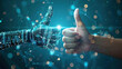 A conceptual digital image depicting a human and a robot hand giving a thumbs up in a sign of agreement or success amidst a backdrop of futuristic network lines