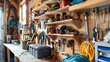 Detailed view of hanging shelves in a garage, highlighting creative shelf ideas and how they transform space for hobbies and tools