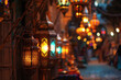 Traditional lanterns glowing warmly in a market