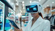 Blurred stylish woman using augmented reality glasses while handling a tablet in a contemporary store setting