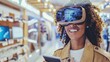 A young woman in casual attire uses VR glasses and smartphone in a brightly lit tech store
