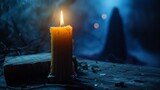 Fototapeta  - A Gothic-style burning candle illuminates an ancient tome, with a shadowy figure of a witch in the background, mystery and magic abound