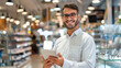 © Fxquadro - Cheerful bearded man wearing glasses holds a digital tablet in a contemporary eyewear shop with shelves in the background