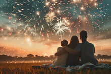 A Young Family Sitting On A Blanket And Watching Fireworks At Sunset Over An Open Field.