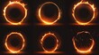 The orange glowing ring is a fire circle portal with flames and sparkles loading progress steps. Illustration set of different process stages of orange bright neon glowing ring appearance.