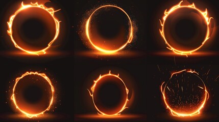 Wall Mural - The orange glowing ring is a fire circle portal with flames and sparkles loading progress steps. Illustration set of different process stages of orange bright neon glowing ring appearance.