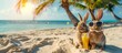 Two funny bunny rabbits in sunglasses with two glasses of a summer drink orange juice on the sandy shore of the ocean sea, the concept of advertising tourism, summer vacation at sea