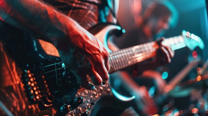 Wall Mural - Intense moment frozen in time as the guitarist's fingers skillfully maneuver on the fretboard, capturing the essence of a live rock show.