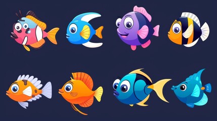 Sticker - Animated cartoon fish with fins and smiling lips. Set of funny sea and ocean animals. Collection of aquatic bottom wildlife habitats.