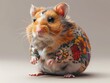Small brown Hamster with flower tattoo and cute expression sitting on a white background