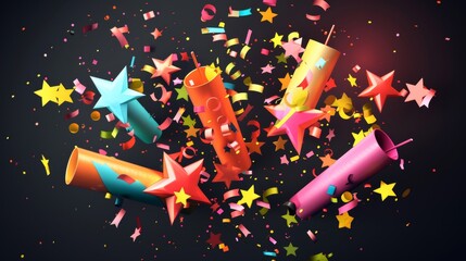 Wall Mural - Party firecracker confetti modern icon. Firework or popper paper serpentine design for congratulation design. Holiday celebration cracker flying shapes for winners.