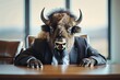 A bison in a corporate strategy room, wearing a robust suit, representing resilience and solid planning