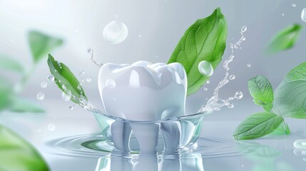 Wall Mural - - The white shining healthy tooth is surrounded by swirls of fresh air, mint leaves, and transparent liquid splashes. How to design a realistic 3D modern dental hygiene concept with glowing molars,