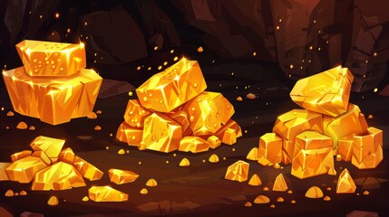 Wall Mural - An illustration of piles of gold nuggets of different sizes. A cartoon modern illustration set of golden shiny treasure rocks. Precious metal blocks for game UI design.