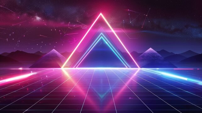 Retrowave background with abstract grid mountain landscape and glowing neon triangle. Modern illustration of retro wave style backdrop for music covers or retrofuturistic banners.