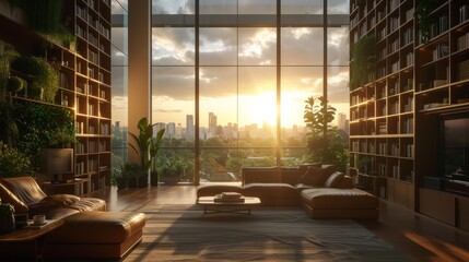 A cozy, stylish modern library with large floor-to-ceiling windows and tall cabinets full of a variety of books. Hobby, leisure and education concept