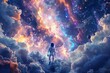 Generate a captivating visual of a spacewalk where astronauts explore the vast unknown surrounded by colorful cosmic clouds