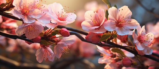 Poster - Delicate pink flowers bloom on a tree branch captured in a close-up shot, showcasing the beauty of nature