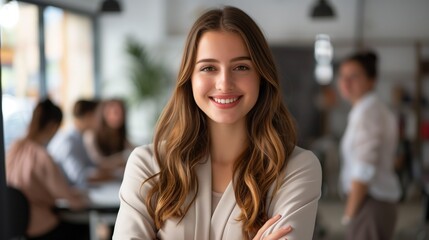 Wall Mural - A contemporary real photo showcasing a smiling, attractive, confident professional young woman posing confidently in her office