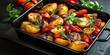 Seasonal vegan meal with rustic oven baked vegetables in a black dish on a gray stone background including potatoes tomatoes and peppers, Generative AI 
