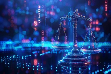 Wall Mural - high tech blue  Digital justice scale surrounded by digital data on blue bokeh background , representing the role of AI in business justice.
