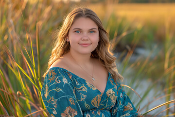 Wall Mural - Portrait of an overweight girl in teal dress, sitting on tall grass near the beach at sunset, looking into camera with smile and long blonde hair, golden hour