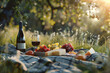summer picnic with fruit and wine, summer picnic with fruit and a glass of wine