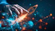 Futuristic design showing a hand sketching a digital rocket. Creative concept art. Ideal for technology and innovation themes. Digital artwork for creative projects. AI