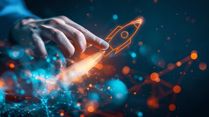 Wall Mural - futuristic design showing a hand sketching a digital rocket. creative concept art. ideal for technol