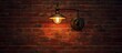 A detailed view of a light fixture mounted on a textured brick wall, with another brick wall in the background