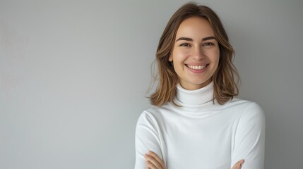 Wall Mural - Confident Young Woman Smiling in a White Turtleneck, Casual Style Portrait. Friendly Female with Folded Arms, Looking Approachable. Perfect for Lifestyle Branding. AI