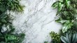 Top view of a textured marble surface surrounded by lush greenery, providing an elegant and sophisticated background for text. Concept of refined luxury.
