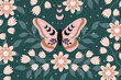 Floral Moon Moth ornament vector seamless pattern.  Vintage sacred celestial Butterfly Daisy wreath Moon phases surface design. Hand drawn boho bloomy mystic modern folk art background