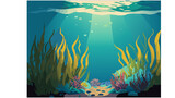 Fototapeta Panele - Sea underwater background. Ocean bottom with seaweeds. Vector marine scene