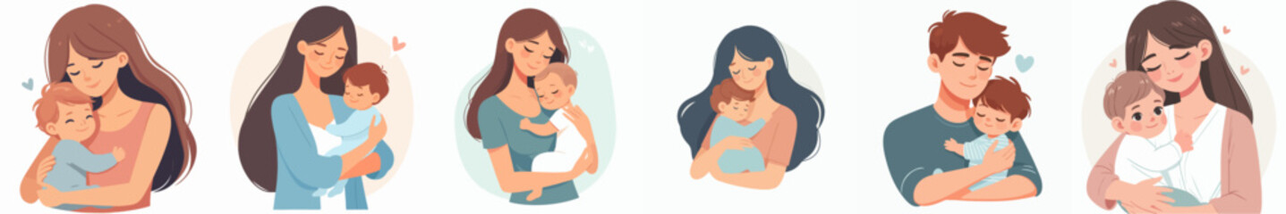 Poster - vector set of illustrations of a father and mother are holding a baby