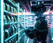 Cybernetic beings browsing through virtual reality stores, picking items with holographic hands
