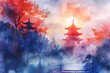 A tranquil watercolor banner depicting a Buddhist temple at sunrise, radiating peace and mindfulness