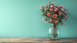 Wooden table with glass vase with bouquet of roses flowers near empty, blank turquoise wall. Home interior background with copy space.
