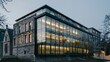 A historic building retrofitted with transparent solar window panels, blending the old with the new in renewable energy solutions, the facade gently lit by the soft, reflective light of an overcast da