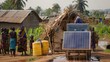 An innovative solar-powered water purification unit at work beside a bustling community well in a developing region, showing the critical role of solar technology in providing essential services