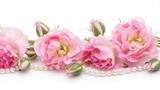 Pink eustoma flowers and pearls border isolated on white background
