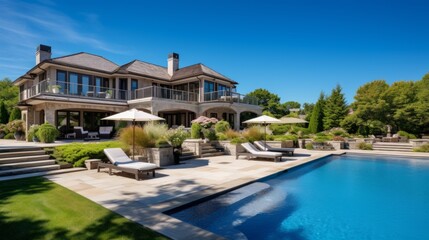 Mediterranean inspired villa with a sprawling garden and a private beach access in the exclusive Hamptons, New York