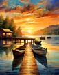 Depict the tranquil beauty of sunset over a pier with boats on a lake