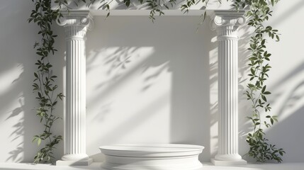 Podium pedestal in ancient Greek style. Minimal scene in pastel cream and white room with marble colonnade and classic columns.