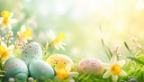 Fototapeta Panele - Happy Easter background with colorful eggs, flowers and copy space